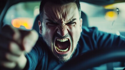 A raging individual, caught in the middle of an intense road rage incident, shouting and pointing aggressively at another driver, their face twisted with fury