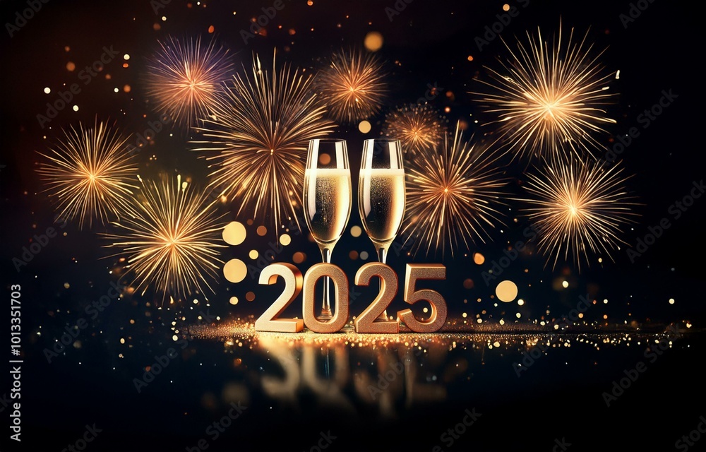 Wall mural golden 2025 with champagne flutes and sparkling fireworks on a dark background.