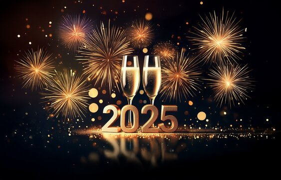 Golden 2025 with champagne flutes and sparkling fireworks on a dark background.