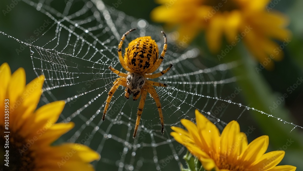 Wall mural nature's intricate weaver - spider creating a web on sunflower petals.