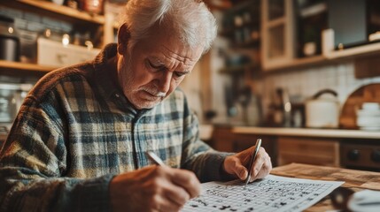 A senior man solving a crossword puzzle at his kitchen table, focusing intently, showcasing the cognitive benefits of puzzles for maintaining mental sharpness