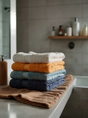 Neatly folded towels on a Scandinavian bathroom counter in soft light.