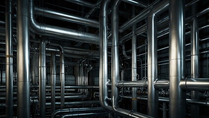 Network of shiny industrial pipes and ducts.