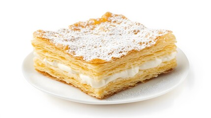 Realistic close-up of a slice of mille-feuille with layers of puff pastry and vanilla cream on a white background, showcasing the contrast between the crispy layers 