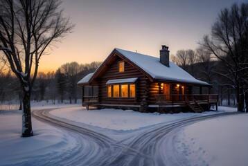 冬の雪の中のログハウスのある景色
