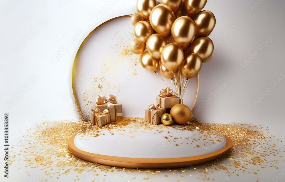 Poster a white platform with a golden border is surrounded by gold confetti and a cluster of gold balloons,