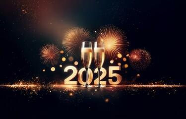 Golden "2025" with champagne flutes and fireworks in a celebratory new year scene.