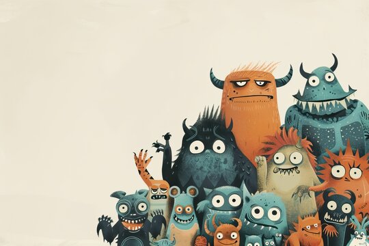 Group of cartoon monsters colorful designs, fun and playful themes. copy space