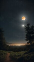 A deep, dark sky filled with twinkling stars, with faint wisps of clouds and a glowing full moon casting light on the landscape below
