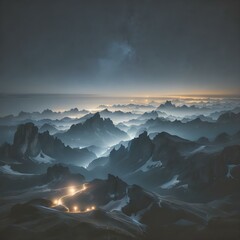 A deep, dark sky filled with twinkling stars, with faint wisps of clouds and a glowing full moon casting light on the landscape below
