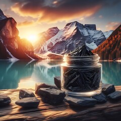 A still life featuring a clear jar of black Shilajit resin on a rocky surface, set against stunning snowy mountains and a peaceful lake at sunset.