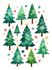 Fototapeta premium Watercolor christmas tree, pine tree, xmas clipart, christmas card invitation, decor, gift box, white background