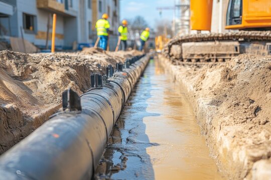 Drainage construction project with engineers installing flood control systems, including drainage pipes and rainwater channels, to protect a newly built city area from water damage