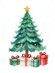 Watercolor christmas tree, pine tree, xmas clipart, christmas card invitation, decor, gift box, white background