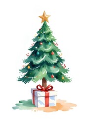 Watercolor christmas tree, pine tree, xmas clipart, christmas card invitation, decor, gift box, white background