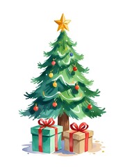 Watercolor christmas tree, pine tree, xmas clipart, christmas card invitation, decor, gift box, white background