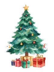 Watercolor christmas tree, pine tree, xmas clipart, christmas card invitation, decor, gift box, white background