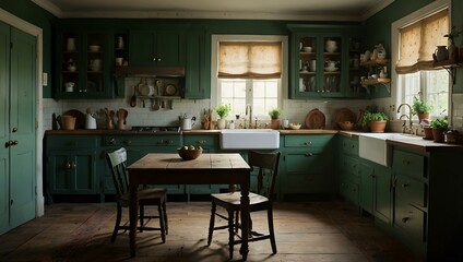 Old kitchen with dark green cabinets and vintage charm.