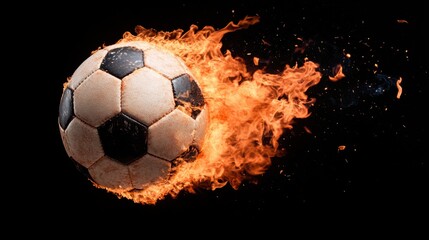 Naklejka premium A flaming soccer ball in motion with intense fire and sparks against a dark background.