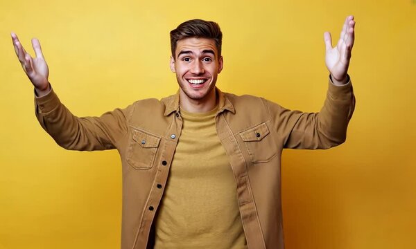 of glad nice man wear khaki trendy clothes recommend empty space isolated on yellow color background Video