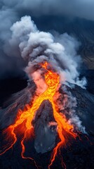 Aerial view of an erupting volcano with flowing lava and smoke.