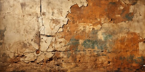 Obraz premium A weathered wall with a complex network of cracks, revealing layers of paint and time, showcasing the passage of years and the resilience of structure.