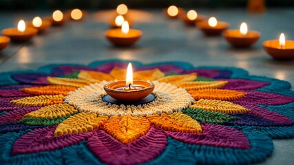 Colorful rangoli adorned with lit diyas celebrates Diwali, symbolizing light and prosperity