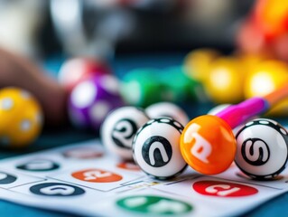 A close-up of vibrant bingo balls scattered over a bingo card, ready to be played, evoking a sense of excitement and anticipation in this colorful scene.