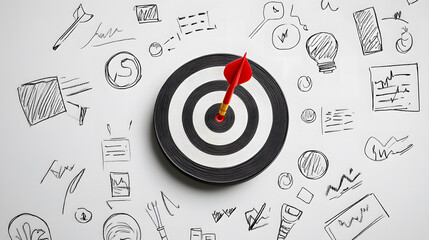 Obraz premium Darts target with an arrow in the center and business doodles around the design, vector illustration design isolated on a white background design