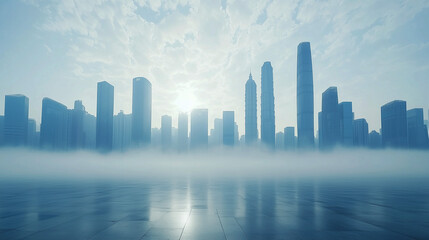 Empty urban landscape buildings and architecture skyline with floor depth and sun reflection