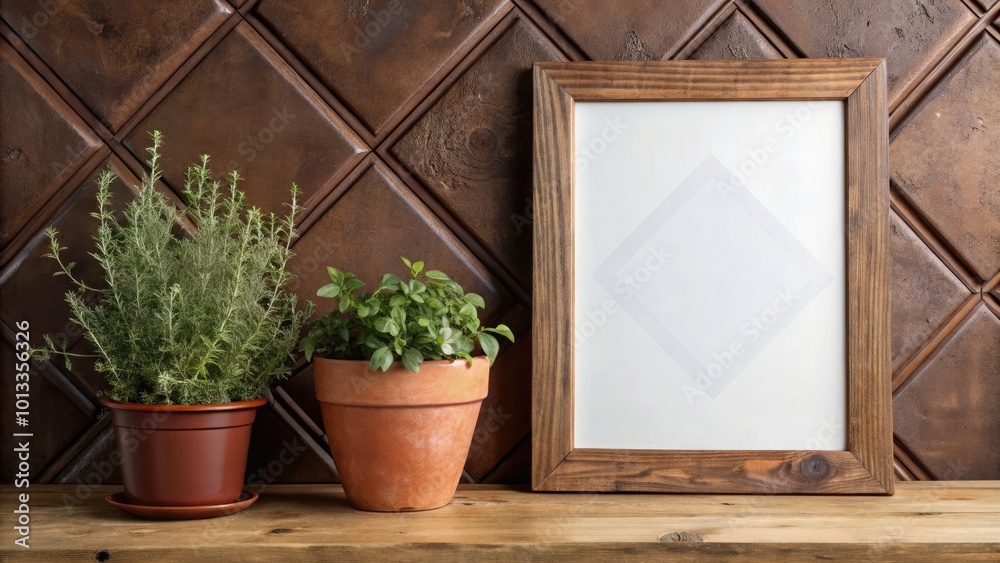 Poster Rustic shelf with potted herbs and framed picture.