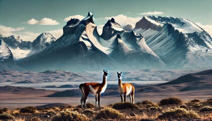Two guanacos standing on a high plateau with the magnificent Andes Mountains in the backdrop