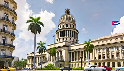 Obraz premium The iconic El Capitolio building in Havana, seen from below with its grand dome towering above.