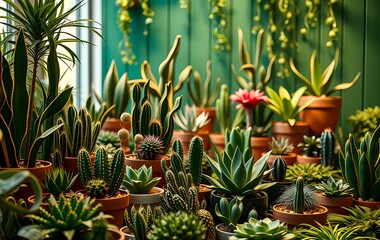 Obraz premium Mini cactus plant potted on blurred botanical garden background 