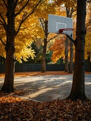 Outdoor basketball court framed by autumn trees and sunlight.