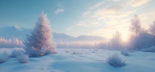 Fototapeta premium Snowy landscape with a single frosted tree in the foreground and distant mountains.