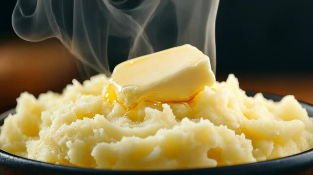 Steaming mashed potatoes topped with melting butter evoke comfort food and Thanksgiving celebrations