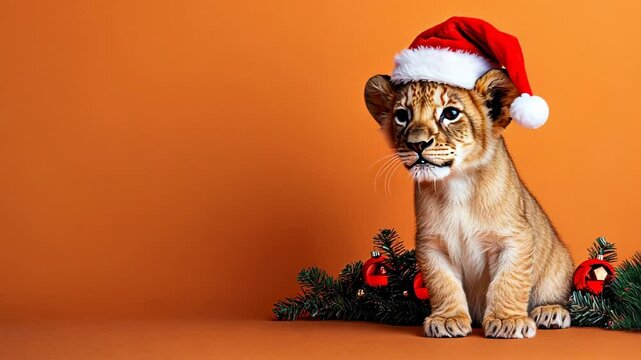 Lion cub wearing a Santa hat surrounded by festive branches, symbolizing Christmas and holiday cheer