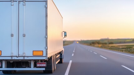 Truck driving on an open road during sunset with a clear sky.
