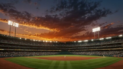 Panoramic stadium view of a vibrant baseball field at sunset.