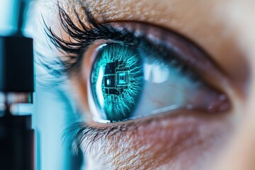 A detailed macro shot of an eye displaying reflections of digital technology, symbolizing the integration of vision and technology in a futuristic society.