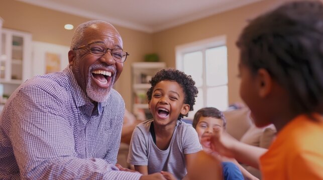 Multigenerational family playing charades in a cozy living room, the grandparents acting out clues while the children and parents try to guess, everyone laughing at the creative gestures