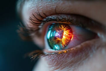 Close-up of an eye with vivid electronic circuit reflections, capturing the essence of futuristic technology and the convergence of human and machine vision.