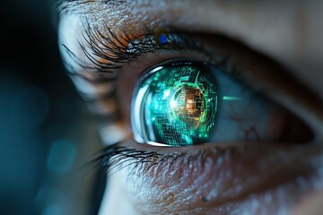 A close-up of a human eye featuring a futuristic digital interface reflected in the iris, showcasing advanced technology and innovation in vision enhancement.