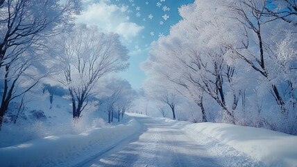 Obraz premium Under the heavy snow, the Metasequoia trees were covered with a soft brown velvet, the snowy road curved and stretched as far as the eye could see, the sky was as blue as a painting.