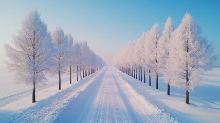 Obraz premium Under the heavy snow, the Metasequoia trees were covered with a soft brown velvet, the snowy road curved and stretched as far as the eye could see, the sky was as blue as a painting.