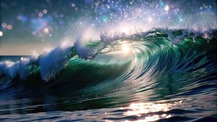Fototapeta premium The ocean waves sparkle under the magical sparkling sky.
