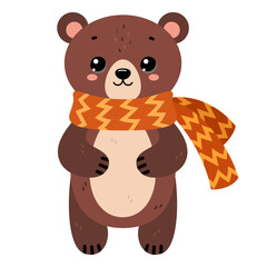 Bear wearing warm scarf. Сute winter forest animal, isolated on white background. Flat vector illustration. Winter and autumn design, cold weather emoticon sticker.