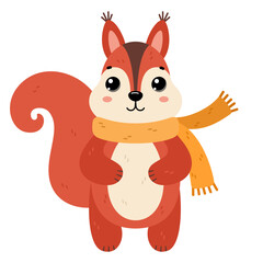 Squirrel wearing warm scarf. Сute winter forest animal, isolated on white background. Flat vector illustration. Winter and autumn design, cold weather emoticon sticker.
