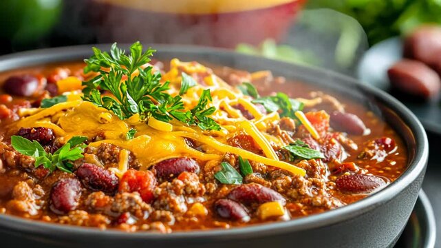 Steaming bowl of chili topped with cheese and herbs, perfect for winter comfort or Halloween gatherings